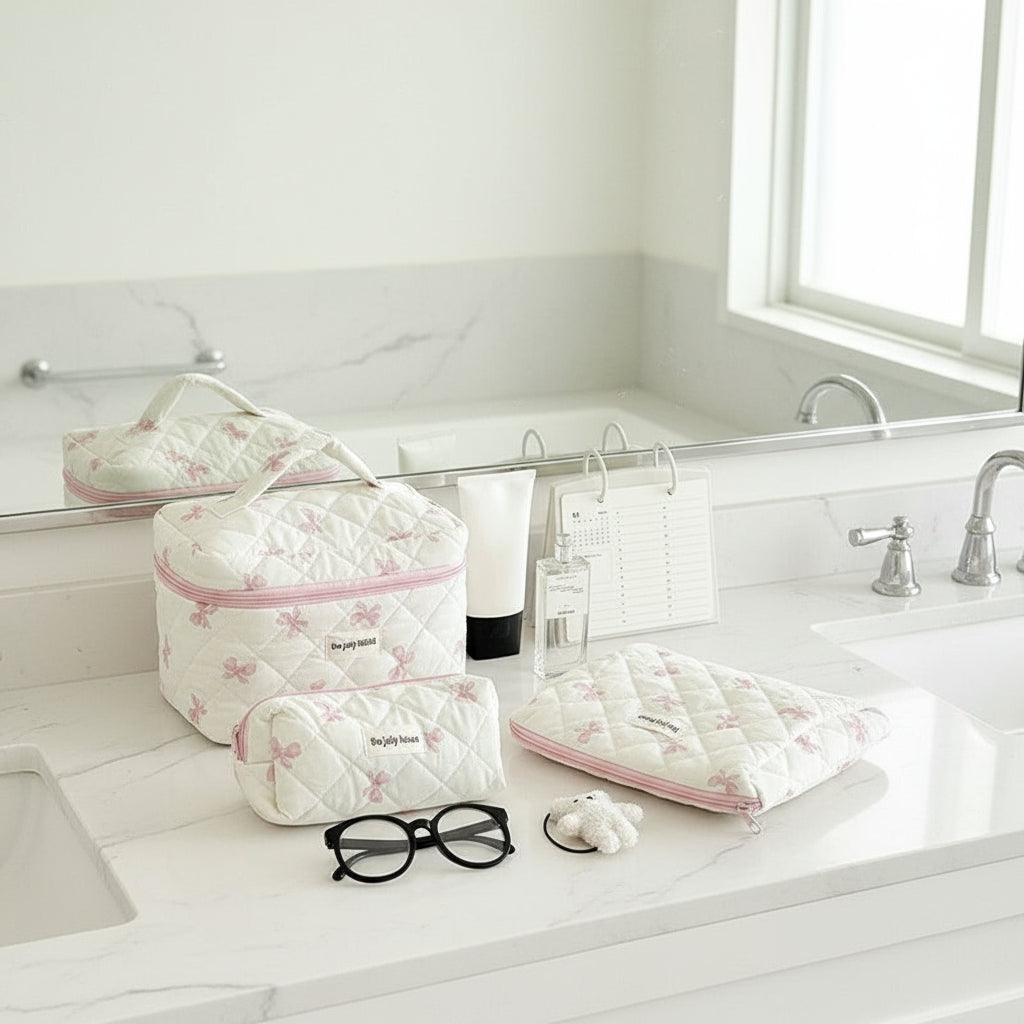 trousses de toilette posees dans salle bain