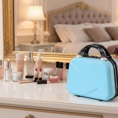 vanity bleu poser devant cosmetiques
