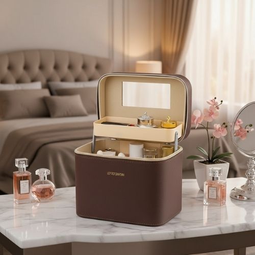 vanity case cuir rigide femme marron