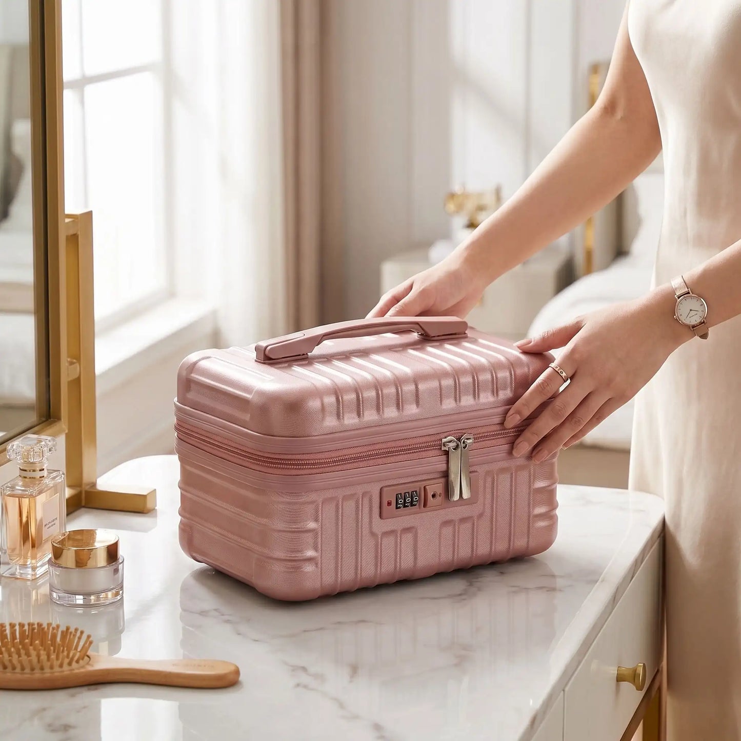 vanity case femme rigide rose golde