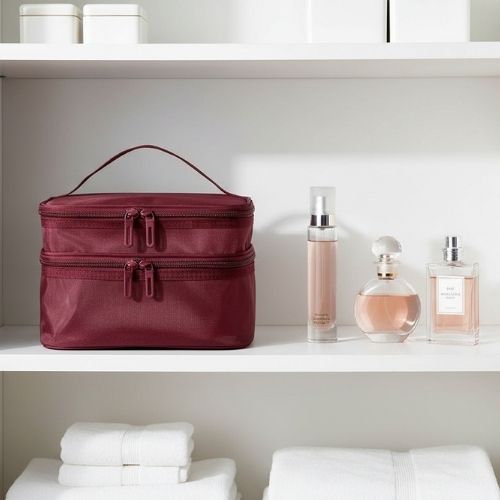 vanity femme posee devant parfums