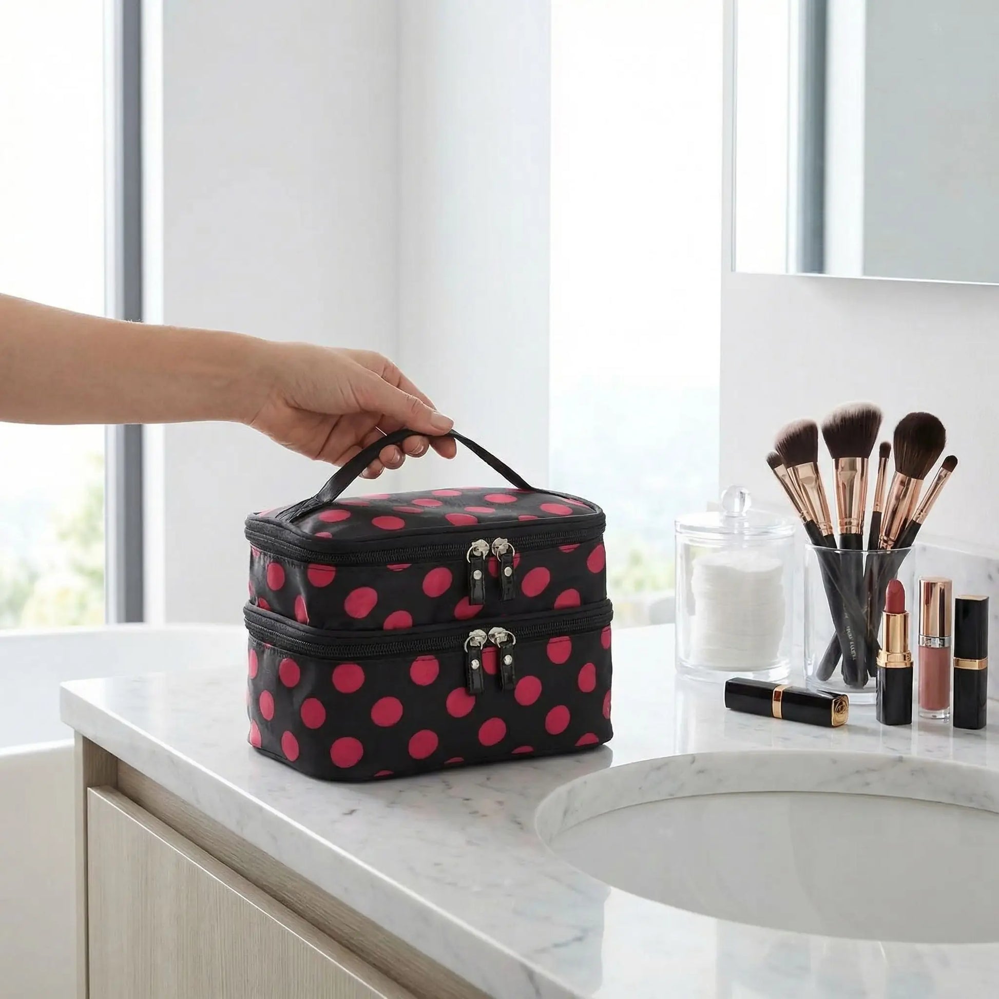 vanity femme voyage noir pois rouge