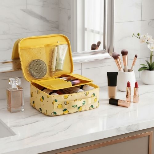 vanity maquillage femme jaune