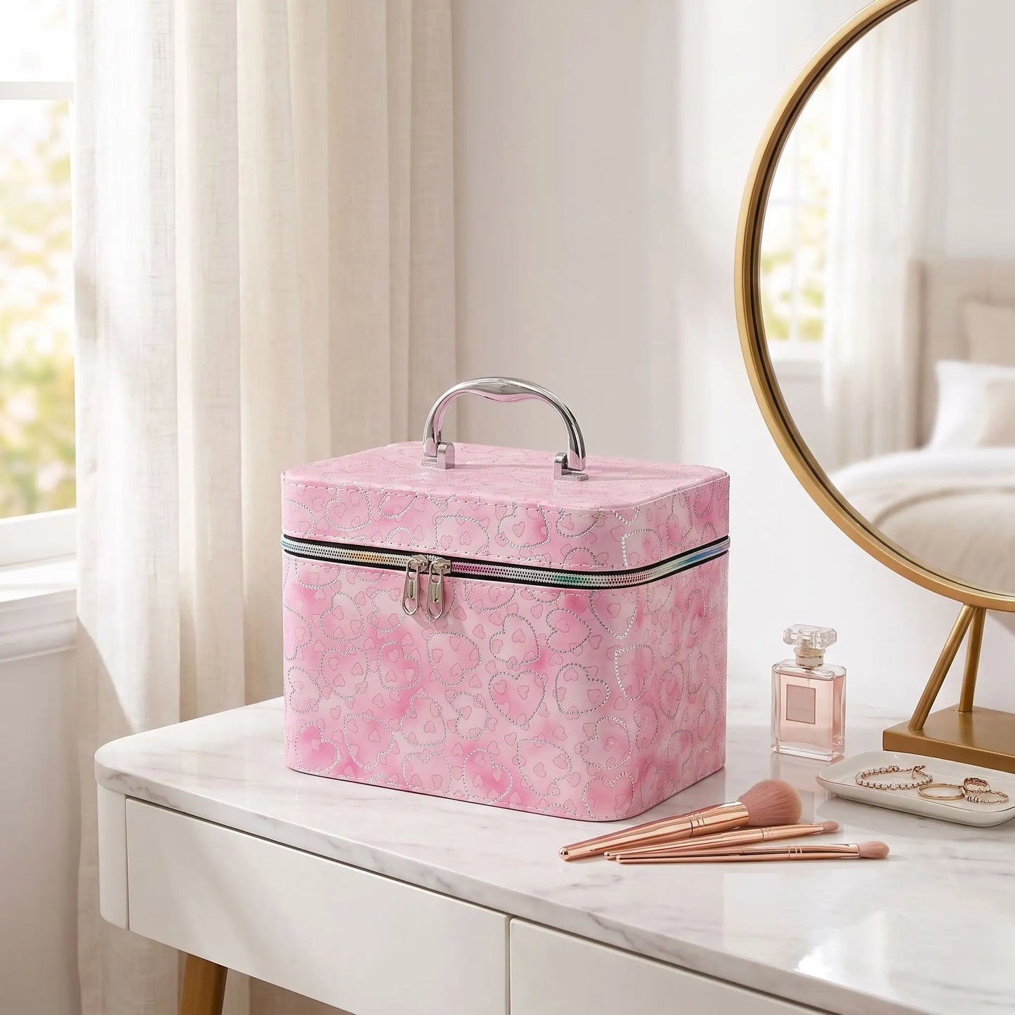 vanity maquillage femme rose