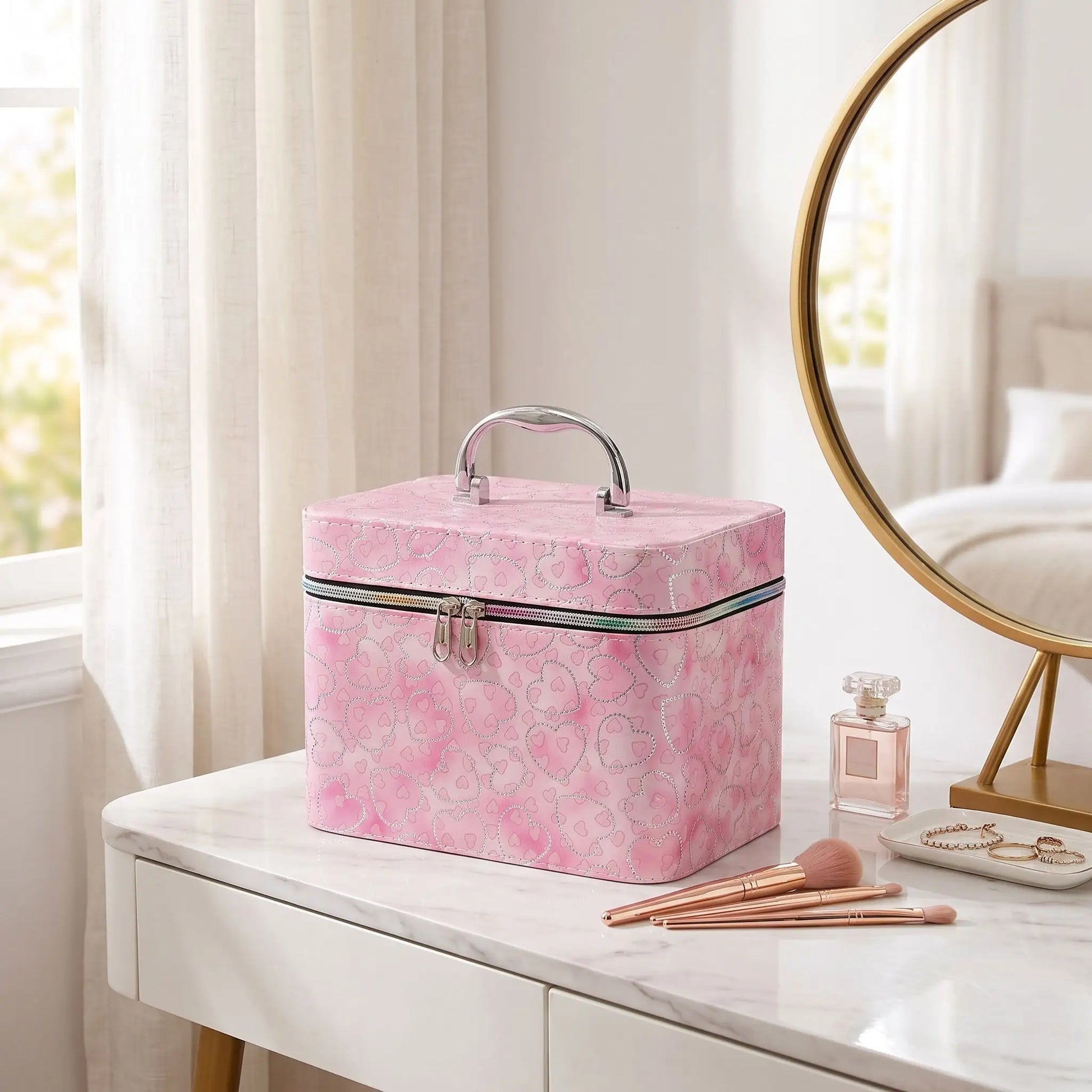 vanity maquillage femme rose