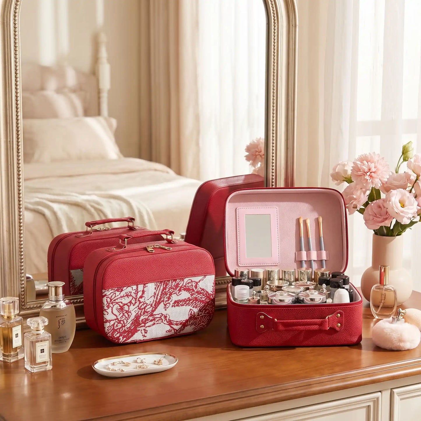 vanity maquillage femme rouge blanc