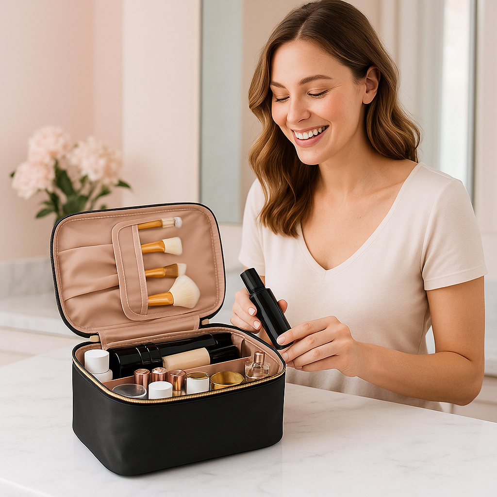 vanity rempli accessoires cosmetiques